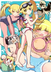 1girl :3 @_@ absurdres animal_ear_fluff animal_ears ass barefoot blonde_hair blue_background blue_one-piece_swimsuit blush blush_stickers border bracelet breasts brown_eyes cat_ears character_name closed_mouth commentary_request dress embarrassed fang floating fork from_side goggles goggles_on_head green_dress hair_between_eyes hat highres jewelry long_hair looking_at_viewer mashimaro_tabetai monogatari_(series) multiple_views neco-arc one-piece_swimsuit open_mouth oshino_shinobu outside_border pastry_box polka_dot polka_dot_dress short_shorts shorts side_ponytail simple_background sitting skin_fang small_breasts smile straw_hat sun_hat sweatdrop swimsuit twintails utensil_in_mouth white_border yellow_eyes