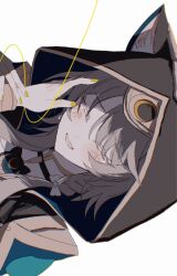 2girls aglaea_(honkai:_star_rail) animal_ear_fluff animal_ears animal_hood cat_ears cat_girl cat_hood cipher_(honkai:_star_rail) closed_eyes crying fingernails grey_hair highres honkai:_star_rail honkai_(series) hood multiple_girls negoto_inu open_mouth sideways simple_background smile solo_focus upper_body white_background yellow_nails