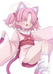 1girl animal_ears blue_archive cat_ears cat_tail chlorella_observation_club_member_(blue_archive) hair_bobbles hair_ornament hair_over_eyes halo highres japanese_clothes kimono obi pink_hair sailor_collar sash simple_background socks solo tail takatsurt two_side_up white_background white_sailor_collar white_socks