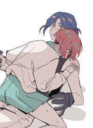 Rule 34 | 1boy, 1girl, amate yuzuriha, aqua eyes, blue hair, blush, colored inner hair, gloves, gundam, gundam gquuuuuux, highres, multicolored hair, open mouth, otakulifewow, purple hair, red eyes, red hair, school uniform, short hair, shuji ito, simple background, sitting, skirt, straddling, sweat, sweater, tank top, two-tone hair, upright straddle, white background