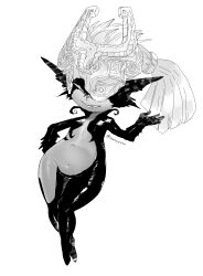 Rule 34 | 1girl, absurdres, belly, blunt ends, body fur, colored skin, dancho no mori, fake horns, fang, fang out, flat chest, full body, greyscale, half-closed eyes, hand on own hip, hand up, helmet, helmet over one eye, highres, horned helmet, horns, long pointy ears, looking at viewer, midna, monochrome, multicolored skin, narrowed eyes, navel, nintendo, one eye covered, parted lips, pear shaped figure, pointy ears, ponytail, sentaronao, smile, solo, the legend of zelda, the legend of zelda: twilight princess, two-tone skin, wide hips