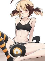 Rule 34 | 1girl, absurdres, ahoge, black panties, black sports bra, black thighhighs, blonde hair, breasts, brown hair, gigi murin, highres, hololive, hololive english, multicolored hair, navel, nurizza ilst, orange thighhighs, panties, pink eyes, single thighhigh, small breasts, solo, sports bra, striped clothes, striped thighhighs, sweat, tail, thighhighs, twintails, two-tone hair, underwear, virtual youtuber