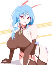 animal_ears armpit_crease artist_name azur_lane bare_shoulders black_gloves blue_hair braid breasts chen_hai_(azur_lane) chen_hai_(azur_lane)_(cosplay) chen_hai_(retrofit)_(azur_lane) cosplay elbow_gloves erikuukun gloves highres hololive huge_breasts looking_at_viewer multicolored_hair orange_eyes pekomama rabbit_ears rabbit_girl side_braid white_hair