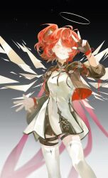 1girl :d absurdres arknights arm_up ban_leng_mian_feng_tailang_pi black_background chinese_commentary commentary_request detached_wings exusiai_(arknights) exusiai_the_new_covenant_(arknights) feet_out_of_frame fingerless_gloves gloves gradient_background grey_background grin halo highres light_particles looking_at_viewer one_side_up open_mouth red_hair short_hair single_fingerless_glove single_glove smile solo standing thigh_strap thighhighs traditional_halo w white_halo white_thighhighs wings