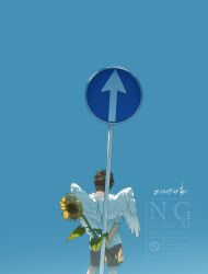 1boy aqua_background arms_behind_back back brown_hair brown_shorts english_text flower highres holding holding_flower male_focus original rido_(ridograph) shirt short_hair shorts sign simple_background solo standing sunflower watermark white_shirt white_wings wings