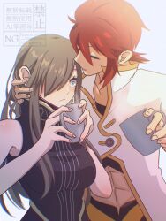 1boy 1girl abs blush breasts brown_hair closed_mouth commentary_request constricted_pupils couple cup gold_trim hair_over_one_eye holding holding_cup jacket komegura large_breasts long_hair luke_fon_fabre red_hair standing tales_of_(series) tales_of_the_abyss tear_grants watermark white_jacket
