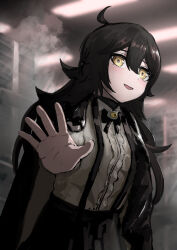 1girl :d absurdres ahoge backrooms_(creepypasta) black_bow black_bowtie black_hair bow bowtie breasts dimensionless88 dust fluorescent_lamp frills grimmi_(vtuber) hair_between_eyes highres indie_virtual_youtuber jacket jacket_on_shoulders light_blush long_hair looking_at_viewer messy_hair open_hand open_mouth pale_skin palms reaching reaching_towards_viewer ringed_eyes sidelocks skirt small_breasts smile solo suspender_skirt suspenders very_long_hair virtual_youtuber yellow_eyes