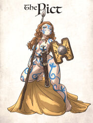 1girl absurdres barefoot blue_eyes blush bodypaint breasts brown_hair closed_mouth collarbone commentary completely_nude english_commentary freckles full_body highres holding holding_polearm holding_shield holding_weapon ironlily light_frown long_hair medium_breasts no_pupils nude original polearm scabbard sheath sheathed shield simple_background solo thick_thighs thighs torc wavy_hair weapon