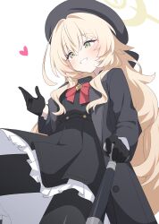 1girl absurdres beret black_gloves black_hat black_jacket black_serafuku black_skirt blonde_hair blue_archive cane gloves green_eyes hagoonha halo hat highres holding holding_cane jacket long_hair long_sleeves pantyhose professor_niyaniya_(blue_archive) school_uniform serafuku simple_background skirt white_background yellow_halo