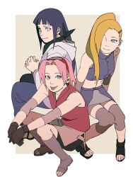 3girls absurdres black_boots black_gloves black_shorts blonde_hair blue_eyes blue_hair blue_pants boots border byakugan closed_mouth forehead_protector gloves green_eyes hair_ornament hairclip haruno_sakura highres hyuuga_hinata jacket long_hair looking_at_viewer miniskirt multiple_girls naruto_(series) naruto_shippuuden pants pink_hair pnpk_1013 ponytail purple_shirt purple_skirt red_shirt shirt shorts simple_background skirt sleeveless sleeveless_shirt squatting toeless_legwear tongue tongue_out two-tone_background white_border yamanaka_ino yellow_background