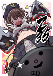 Rule 34 | 1girl, ^^^, absurdres, azur lane, beret, black hat, brown hair, character name, double v, gloves, hair ribbon, hands up, hat, highres, looking at viewer, midriff, navel, open mouth, oriue wato, pink ribbon, ribbon, rigging, ship turret, sketch, solo, star (symbol), stomach, surprised, v, white gloves, z35 (azur lane)