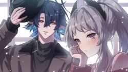 1boy 1girl arknights arm_up bare_shoulders black_hat black_shirt blue_hair blush brown_jacket closed_mouth commentary_request ear_piercing earrings grey_eyes grey_hair hair_between_eyes hair_intakes hat head_rest high_collar holding holding_unworn_clothes holding_unworn_hat irene_(arknights) jacket jewelry layered_sleeves light_particles light_smile long_hair long_sleeves looking_at_viewer lumen_(arknights) open_clothes open_jacket open_mouth orange_eyes partial_commentary piercing pointy_ears ponytail scar scar_across_eye scar_on_face shirt short_hair sidelocks sleeves_past_wrists spaghetti_strap unworn_hat unworn_headwear upper_body wn_(wani-noko) zipper_pull_tab