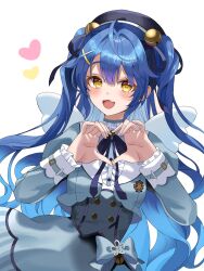 1girl amamiya_kokoro bell black_hat blue_hair buttons double-breasted fang grey_jacket grey_skirt hat heart heart_hands highres iruka_(furyun0220) jacket jingle_bell long_hair long_sleeves looking_at_viewer nijisanji open_mouth simple_background skirt smile solo twintails upper_body very_long_hair virtual_youtuber white_background yellow_eyes