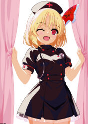 1girl alternate_costume black_dress blonde_hair blush breasts commentary_request curtains dated dress fang hair_ribbon hat highres looking_at_viewer medium_hair mist9801km nurse nurse_cap one_eye_closed open_mouth puffy_short_sleeves puffy_sleeves red_eyes red_ribbon ribbon rumia short_sleeves smile solo touhou