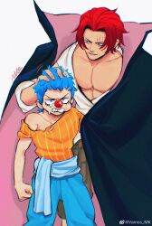 Rule 34 | 2boys, absurdres, aged down, bare pectorals, black cape, blue eyes, blue hair, blue pants, buggy the clown, cape, clown nose, eyelashes, grimace, hand on another&#039;s head, high collar, highres, male focus, multiple boys, one piece, orange shirt, pants, parted lips, pectorals, red hair, scar, scar across eye, scar on face, shanks (one piece), shirt, short hair, striped clothes, striped shirt, time paradox, torn clothes, torn shirt, vamos mk