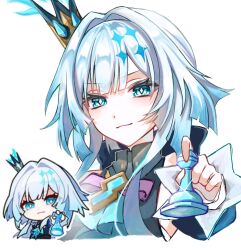 Rule 34 | 1girl, blue dress, blue eyes, blue hair, cerydra (honkai: star rail), chess piece, closed mouth, cropped torso, crown, dress, hair intakes, highres, holding, holding chess piece, honkai: star rail, honkai: star rail sticker redraw (meme), honkai (series), long hair, meme, mini crown, pawn (chess), reference inset, simple background, solo, umenuj, white background