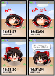 &gt;_&lt; bad_id bad_pixiv_id cellphone_display check_translation closed_eyes female_focus hair_ribbon hakurei_reimu no_humans ribbon shinjitsu time timestamp touhou translation_request yukkuri_shiteitte_ne