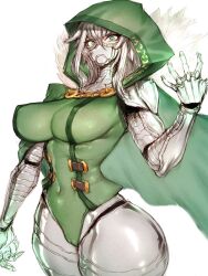 1girl adapted_costume animification armor breasts cameltoe cape covered_erect_nipples curvy doctor_doom fantastic_four fumio_(rsqkr) genderswap genderswap_(mtf) gloves green_cape green_hood highres hip_focus hood hooded_cape impossible_clothes large_breasts long_hair looking_at_viewer marvel marvel_tokon:_fighting_souls mask narrow_waist navel power_armor simple_background solo thick_thighs thighs white_background white_hair wide_hips