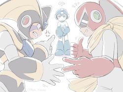 Rule 34 | ..., 3boys, android, annoyed, arm cannon, armor, assault visor, ayla kazemi, bass (mega man), black armor, black helmet, blue bodysuit, blue helmet, blush, bodysuit, commentary, english commentary, gloves, grey bodysuit, helmet, male focus, mega man (character), mega man (classic), mega man (series), multiple boys, pointing, pointing at another, proto man, red gloves, red helmet, rock paper scissors, scarf, shield, shield on back, simple background, smirk, speech bubble, thumbs up, weapon, white background, yellow scarf