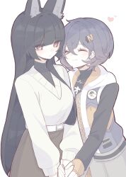 2girls absurdres animal_ear_fluff animal_ears belle_(zenless_zone_zero) black_hair blue_hair braid fox_ears fox_girl hair_ornament half_up_braid heart highres hoshimi_miyabi letter_hair_ornament long_hair multiple_girls red_eyes short_hair yuri zenless_zone_zero zzzii0