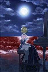 1girl antenna_hair archetype_earth arcueid_brunestud bare_shoulders blonde_hair cloud cloudy_sky detached_sleeves dress full_moon gown highres instrument long_sleeves moon night night_sky on_stool piano red_ocean shiro_464646 short_hair sky solo strapless strapless_dress tsukihime tsukihime_(remake) white_dress