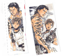 1boy 1girl billy_coen black_hair blue_eyes brown_hair commentary_request cuffs fingerless_gloves gloves green_eyes handcuffs highres muscular muscular_male nitako rebecca_chambers resident_evil resident_evil_0 shirt short_hair sleeveless sleeveless_shirt tattoo