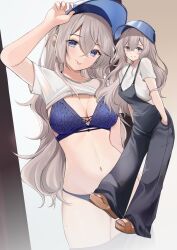 1girl :p blue_bra blue_eyes blue_hat blue_overalls blue_panties bra breasts brown_sandals cleavage clothes_lift grey_hair hands_in_pockets hat highres large_breasts long_hair multiple_views navel original overalls panties ry_thae sandals sanyu_(ry_thae) shirt shirt_lift short_sleeves simple_background smile t-shirt tongue tongue_out underwear visor_cap