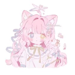 1girl animal_ear_fluff animal_ears blue_eyes blush bow dress flower hair_between_eyes hair_flower hair_intakes hair_ornament hair_ribbon heterochromia long_hair looking_at_viewer memuro neck_ribbon original pink_hair ribbon short_sleeves solo twitter_username yellow_eyes
