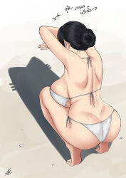 1girl arms_up ass back bikini black_hair breasts cat_shadow_puppet_(meme) curvy facing_away from_above from_behind hair_bun highres huge_breasts mature_female meme nush_(xter) original shoulder_blades side-tie_bikini_bottom solo squatting strap_gap sweat swimsuit thai_text tiptoes white_bikini xter