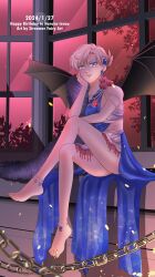 1girl barefoot bat_wings bishoujo_senshi_sailor_moon biting_own_lip blonde_hair blue_dress blue_eyes blue_eyeshadow chain corruption dress earrings eyeshadow flower highres indoors jewelry koya lips looking_at_viewer makeup red_sky revealing_clothes rose short_hair sitting sky solo ten&#039;ou_haruka uranus_symbol very_short_hair white_dress window wings