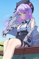 1girl absurdres belt beret black_belt black_hat black_skirt blue_sky collared_shirt colored_inner_hair demon_girl demon_tail grey_jacket hair_ornament hat high-waist_skirt highres hololive jacket long_hair looking_at_viewer multicolored_hair official_alternate_costume on_bench pink_hair purple_hair sanbi1313 shirt skirt sky solo streaked_hair suspender_skirt suspenders tail thigh_strap tokoyami_towa tokoyami_towa_(jirai_kei) virtual_youtuber white_shirt x_hair_ornament