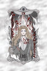 Rule 34 | 1girl, absurdres, aphoom-zhah, axe, belt, black belt, black choker, black pants, blue eyes, brown hair, choker, collared shirt, cthulhu mythos, highres, kalliope orc, lapels, limbus company, long hair, looking at viewer, notched lapels, open mouth, pants, parted bangs, project moon, rodion (project moon), shirt, smile, solo, very long hair, white shirt