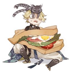 1boy ^_^ animal animal_on_head black_footwear blonde_hair boots cat cat_on_head character_request chibi closed_eyes code009 covered_eyes covering_another&#039;s_eyes egg_(food) facing_viewer food food_request hardboiled_egg in_food knee_boots lettuce male_focus mini_person miniboy multiple_tails on_head open_mouth pants pants_tucked_in sandwich shanhai_jing_hua simple_background sitting sweatdrop tail tassel tomato tomato_slice white_background