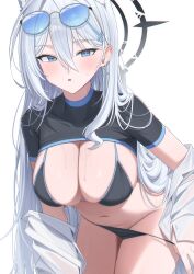 1girl absurdres animal_ears bent_over bikini bikini_bottom_pull bikini_pull black_bikini black_shrug blue_archive blue_eyes blush breasts cleavage clothes_pull collared_shirt cross cross_earrings cross_hair_ornament crossed_bangs earrings extra_ears eyewear_on_head grey_hair hair_between_eyes hair_ornament hairclip halo hanging_breasts highres jewelry leaning_forward long_hair long_sleeves looking_at_viewer navel off_shoulder pang-yo shiroko_(blue_archive) shiroko_terror_(blue_archive) shirt short_sleeves shrug_(clothing) simple_background solo sunglasses sweat swimsuit thighs undressing very_long_hair white_background white_shirt wolf_ears