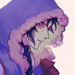 Rule 34 | 1boy, absurdres, armor, black shirt, blue hair, breath, commentary, english commentary, felix hugo fraldarius, felix hugo fraldarius (timeskip), fire emblem, fire emblem: three houses, fur-trimmed hood, fur trim, grey background, highres, hood, hood up, leather armor, looking to the side, male focus, nintendo, orange eyes, parted lips, pauldrons, shirt, shoulder armor, sideways glance, simple background, solo, turtleneck, upper body, white fur, yadntve