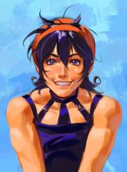 1boy androgynous black_hair choker eyelashes hairband highres jojo_no_kimyou_na_bouken long_hair looking_at_viewer male_focus messy_hair narancia_ghirga purple_eyes smile solo teeth vento_aureo yahidna