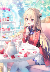 Rule 34 | 1girl, ahoge, blonde hair, blue bow, blue bowtie, blush, bow, bowtie, breasts, cake, cone hair bun, cowboy shot, cup, fang, flower, food, hair between eyes, hair bun, hand on own face, hikikomari kyuuketsuki no monmon, jacket, long hair, long sleeves, open mouth, petals, pink flower, pleated skirt, red eyes, red flower, red jacket, riichu, sample watermark, sitting, skirt, small breasts, smile, solo, table, teacup, teapot, terakomari gandezblood, thighhighs, thighs, tree, very long hair, watermark, white thighhighs