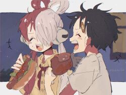 +++ 1boy 1girl ^_^ aged_down bandaid bandaid_on_face black_hair blush child closed_eyes commentary_request food hair_over_one_eye headphones highres holding holding_food hot_dog meat monkey_d._luffy one_piece one_piece_film:_red red_hair short_hair telushake_opnk twintails twitter_username uta_(one_piece) white_hair