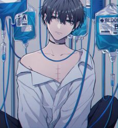 1boy black_choker black_eyes black_hair black_pants blood blood_bag blue_blood choker closed_mouth collarbone commentary english_commentary english_text grey_background hair_between_eyes highres looking_at_viewer male_focus mole mole_under_mouth moxamog original pants scar scar_on_chest shirt shirt_partially_removed short_hair sitting solo upper_body white_shirt