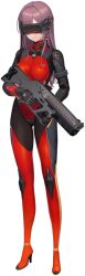 Rule 34 | 1girl, armor, black bodysuit, bodysuit, brown hair, closed mouth, expressionless, full body, gluteal fold, goddess of victory: nikke, highleg, highleg leotard, holding, holding weapon, leotard, long hair, looking at viewer, official alternate costume, official art, rapi (nikke), red leotard, solo, transparent background, two-tone bodysuit, visor (armor), weapon, wide hips, xurvy