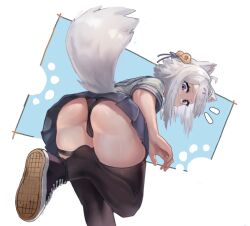 1girl ahoge animal_ears ass ass_focus bell black_panties black_thighhighs cameltoe cat_ears cat_girl cat_tail commentary english_commentary filian_(vtuber) foot_out_of_frame foot_up from_behind from_below from_side hair_bell hair_ornament indie_virtual_youtuber leaning_forward looking_at_viewer looking_back notice_lines paid_reward_available panties paw_print pleated_skirt purple_eyes shoe_soles shoes short_hair short_sleeves simple_background skirt solo tail tail_raised thigh_strap thighhighs thighs turning_head underwear upskirt virtual_youtuber wersman white_hair