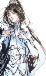 1boy aged_down animal animal_on_shoulder black_hair cape chinese_clothes closed_mouth faux_traditional_media hanfu headband highres holding holding_animal holding_rabbit ink_wash_painting kcllzas163 lan_wangji long_hair long_sleeves looking_at_animal male_focus modao_zushi parted_lips ponytail rabbit robe simple_background sketch solo third-party_source upper_body very_long_hair watermark weibo_watermark white_background white_cape white_hanfu white_headband white_rabbit_(animal) xiao_guan_(headdress) yellow_eyes