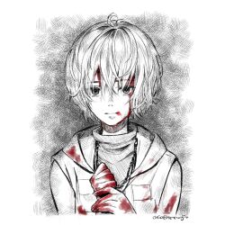 1girl blood blood_from_forehead blood_on_hands breast_pocket closed_mouth commentary expressionless greyscale hair_between_eyes heather_mason hood hoodie looking_at_viewer monochrome oisiso pocket short_hair silent_hill_(series) silent_hill_3 solo spot_color upper_body