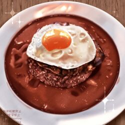 Rule 34 | commentary request, egg (food), food, food focus, fried egg, gravy, hamburger steak, highres, ikuno mana, loco moco, no humans, original, plate, rice, still life