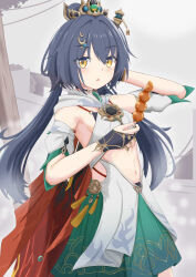 1girl absurdres bare_shoulders black_bra bra breasts chinese_clothes commentary_request cowboy_shot detached_sleeves green_skirt grey_hair hair_between_eyes hair_ornament hairclip headpiece highres holding holding_skewer holding_sword holding_weapon honkai:_star_rail honkai_(series) long_hair looking_at_viewer low_twintails open_mouth red_nails short_sleeves skewer skirt solo sword twintails underwear weapon xiao_ling_y yellow_eyes yunli_(honkai:_star_rail)