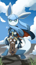 Rule 34 | blue dress, blue sky, cape, closed mouth, clothed pokemon, cloud, cloudy sky, commentary, commission, cosplay, crossover, dress, english commentary, fire emblem, fire emblem awakening, full body, gen 4 pokemon, gen 6 pokemon, glaceon, harlequinwaffles, highres, holding, holding pokemon, honedge, lucina (fire emblem), lucina (fire emblem) (cosplay), nintendo, no humans, outdoors, pokemon, pokemon (creature), pokemon focus, rock, sky, smile, sparkle, standing