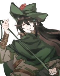 Rule 34 | 1boy, arm wrap, black eyes, blue eyes, brown tunic, cape, cloak, green cape, green cloak, green hat, green poncho, hat, heterochromia, highres, holding, holding lasso, holding rope, hong lu (project moon), jcm20040808, lasso, lasso (e.g.o), limbus company, long hair, looking at viewer, male focus, project moon, rope, simple background, solo, tunic, upper body, white background