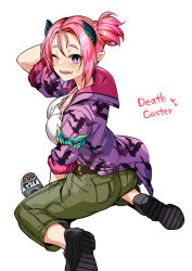 1girl animal_print arm_behind_head bat_print belt breasts cargo_pants character_name demon_girl demon_horns duel_monster holding holding_microphone horns jacket large_breasts microphone muckraker_from_the_underworld one_eye_closed open_clothes open_jacket pants pink_hair pointy_ears ponytail purple_eyes sharp_teeth shirt shoes short_ponytail sitting solo teeth tsukinami_kousuke wariza white_background white_shirt yu-gi-oh!