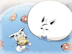 &lt;o&gt;_&lt;o&gt; 1girl :&lt; absurdres ahoge alternate_color animal_ears black_shirt blue_eyes blush cocomayo29_(tomato) commentary_request food fox_ears fox_girl fox_tail gen_1_pokemon hair_between_eyes highres hololive inflation korean_commentary lying magikarp miteiru_(shirakami_fubuki) nintendo on_back pizza pizza_slice pokemon pokemon_(creature) shiny_pokemon shirakami_fubuki shirt slippers solo tail virtual_youtuber water white_hair white_slippers