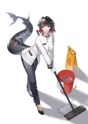 1girl alternate_costume black_hair black_pants black_shoes bucket bucket_of_water colored_inner_hair commentary_request ellen_joe fins fish_tail from_above full_body gloves hair_intakes hair_ornament highres holding holding_mop leaning_forward long_sleeves looking_at_viewer looking_up mask mop mouth_mask multicolored_hair orange_eyes pants parted_lips red_hair shadow shark_girl shark_tail shirt shoes short_hair sign solo standing tachi-e tail two-tone_hair warning_sign white_gloves white_shirt x_hair_ornament yin_lan_xue zenless_zone_zero
